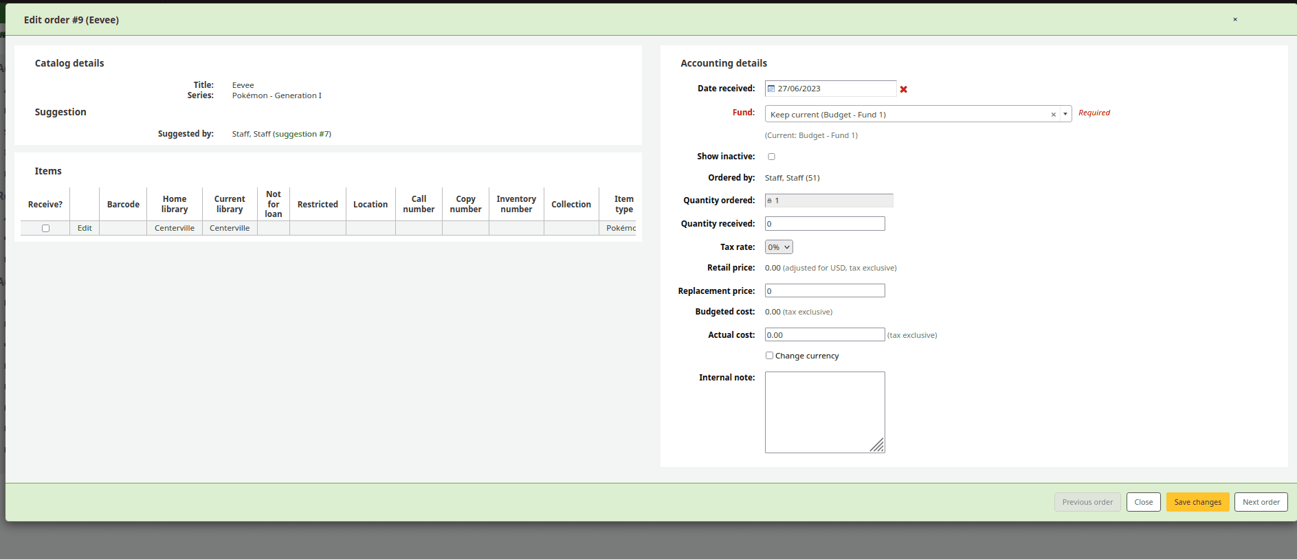 ‘Previous order’ and ‘Next order’ buttons show in the bottom-right of the screen when editing received orders