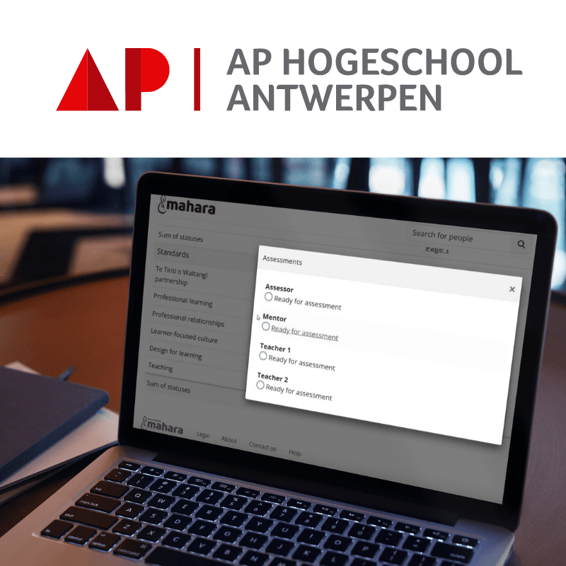 AP Hoegescholl Antwerpen - a laptop screen displays the option to choose which assessor to assign an assessment to