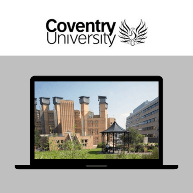 Laptop screen showing Coventry University building and logo
