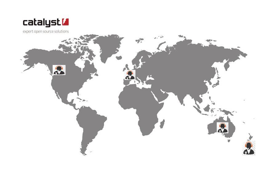 A world map with graphics indicating Catalyst offices in New Zealand, Australia, Europe, and Canada.