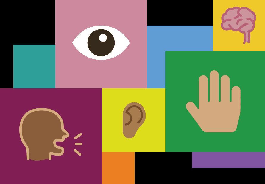 A graphic with coloured squares, with symbols of an eye, hand, ear, brain, and a head talking.