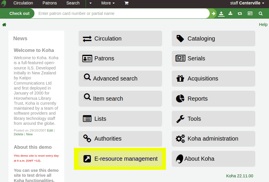 E-resource management module link highlighted yellow on the Koha staff client home page, after the ERMModule system preference is enabled