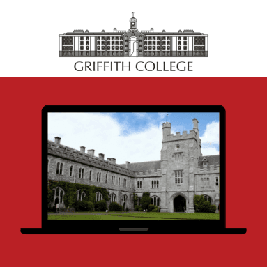 Laptop screen showing Griffith College building and logo
