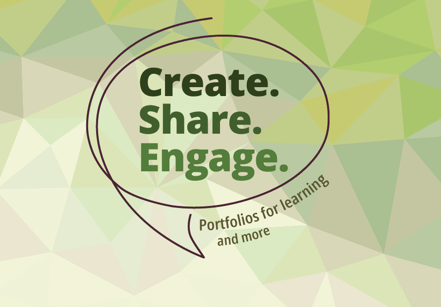 Logo for Create. Share. Engage podcast on a green background. Tagline reads: Portfolio for learning and more.