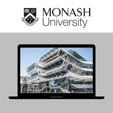 Laptop screen showing Monash University building and logo