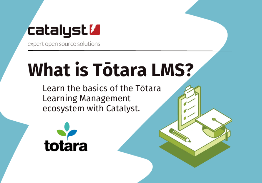 Blue background image with a white lightning bolt and text what is Totara LMS with supporting copy learn the basics of the Totara Learning Management ecosystem with Catalyst. Includes Catalyst and Totara logos.