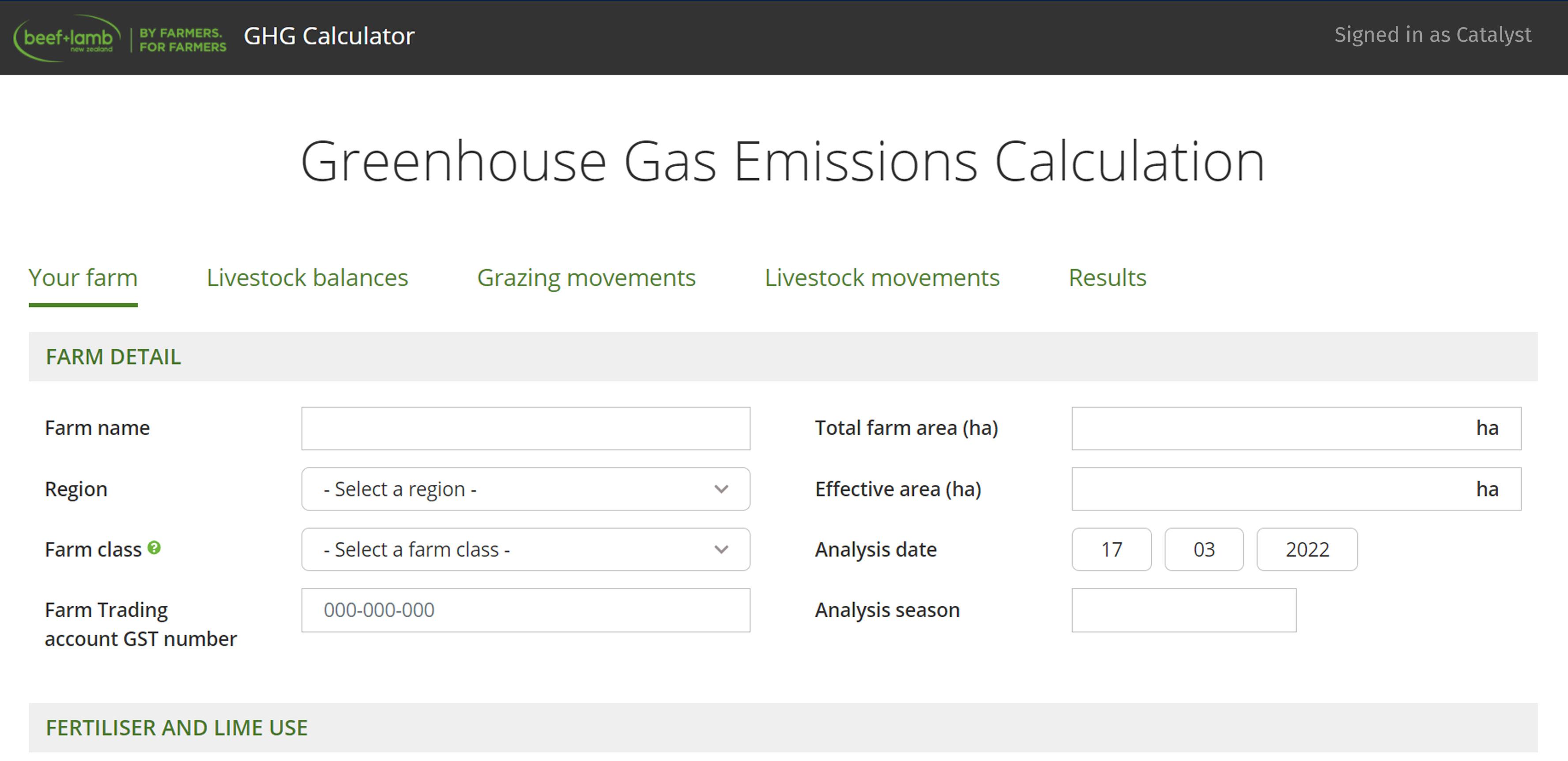 Screenshot of the Beef and Lamb greenhouse gas calculator