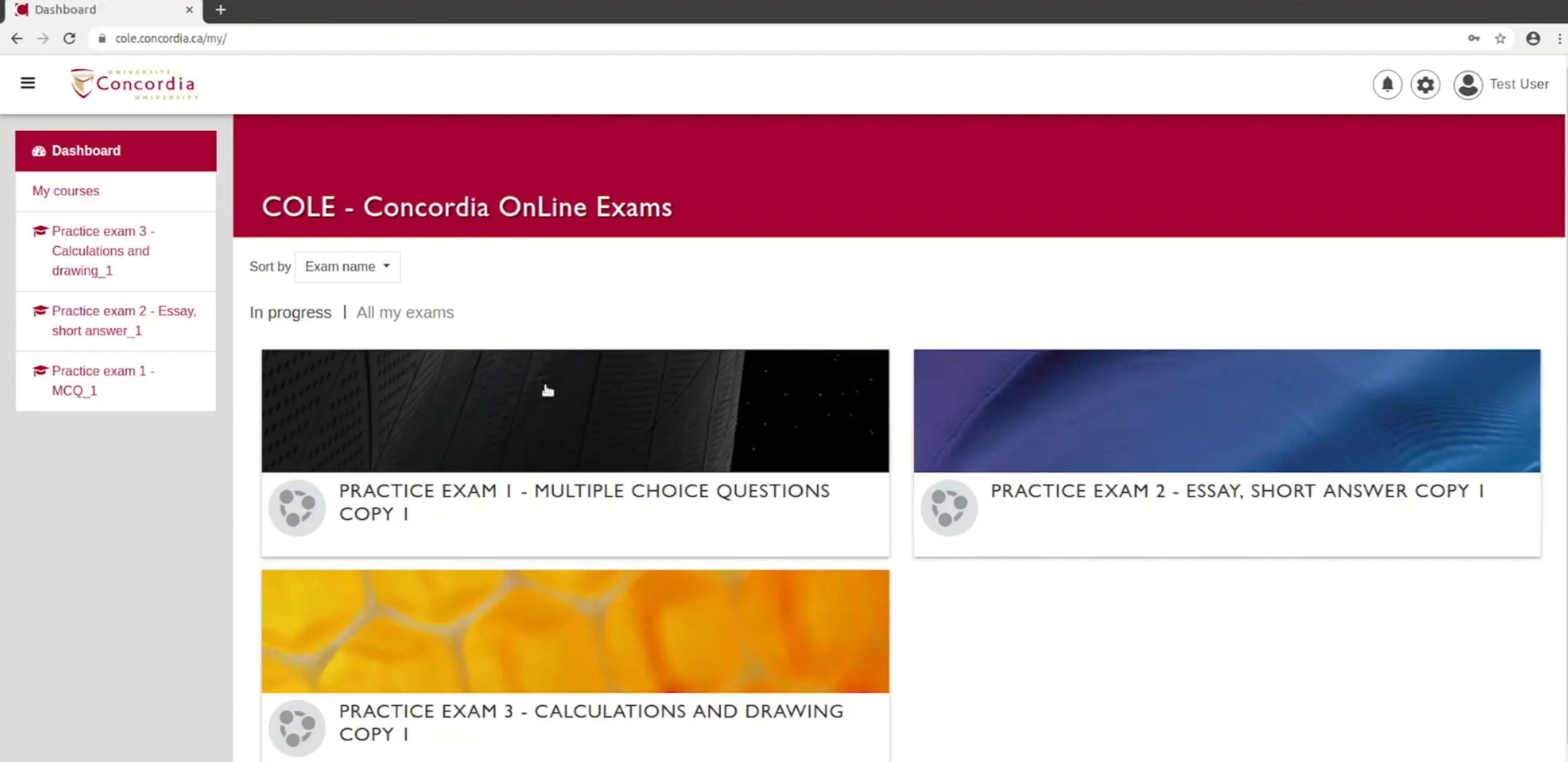 A screenshot of the Concordia University exams platform