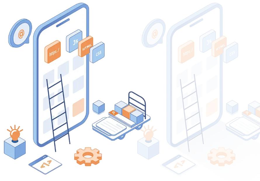 A blue, orange, and white illustration of a phone screen with various icons and things like a cog, ladder, and lightbulb.