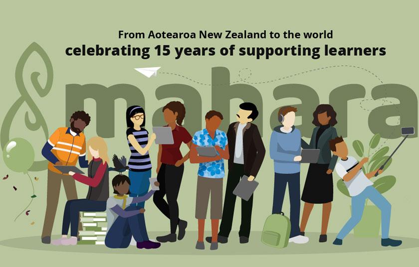 Illustration of students with Mahara logo in background