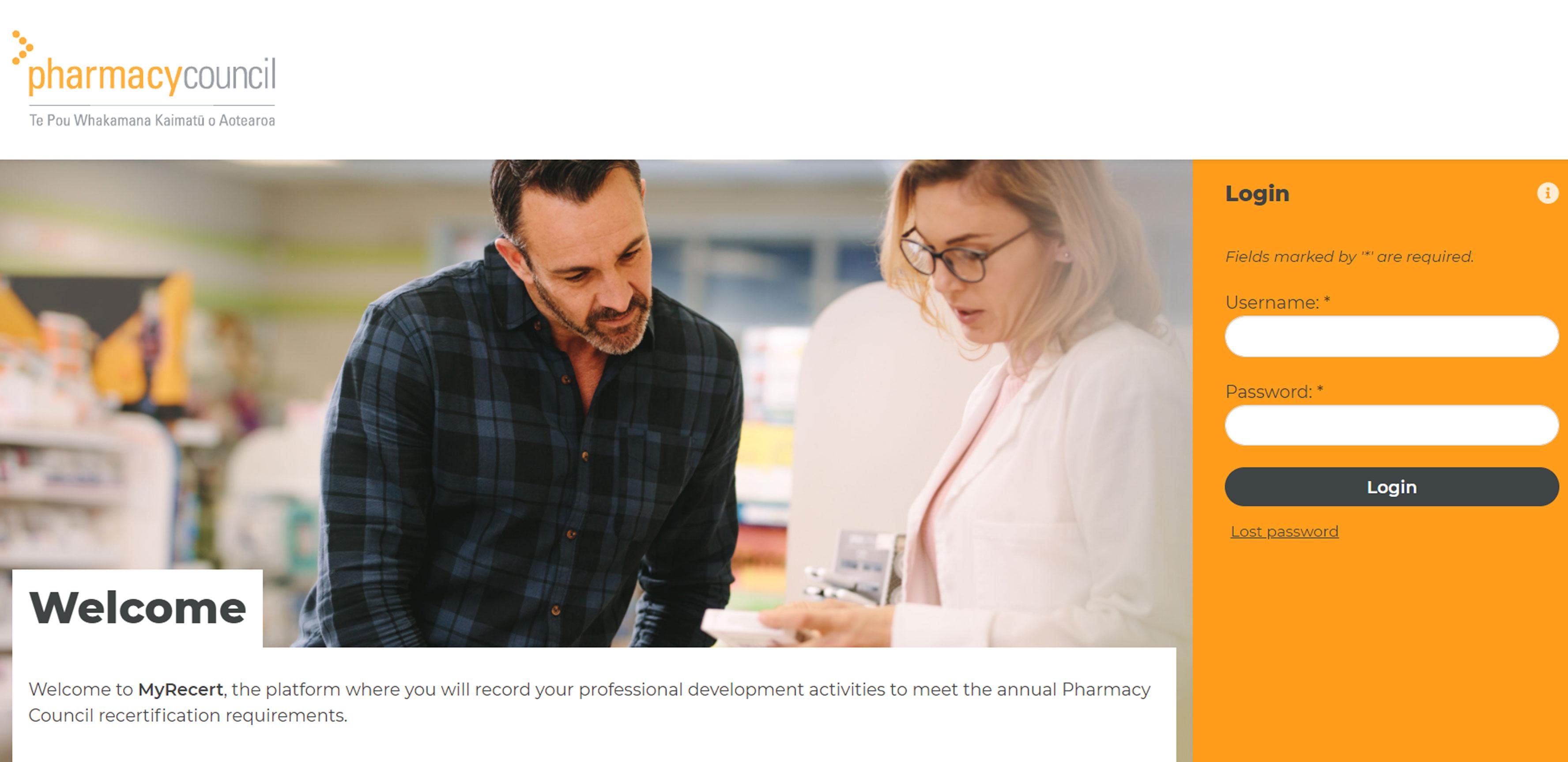 Screenshot of the Pharmacy Council MyRecert website
