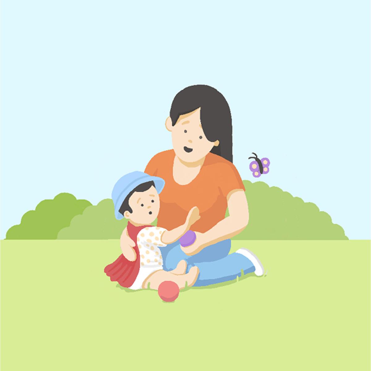 Illustration of a woman sitting on grass with a baby