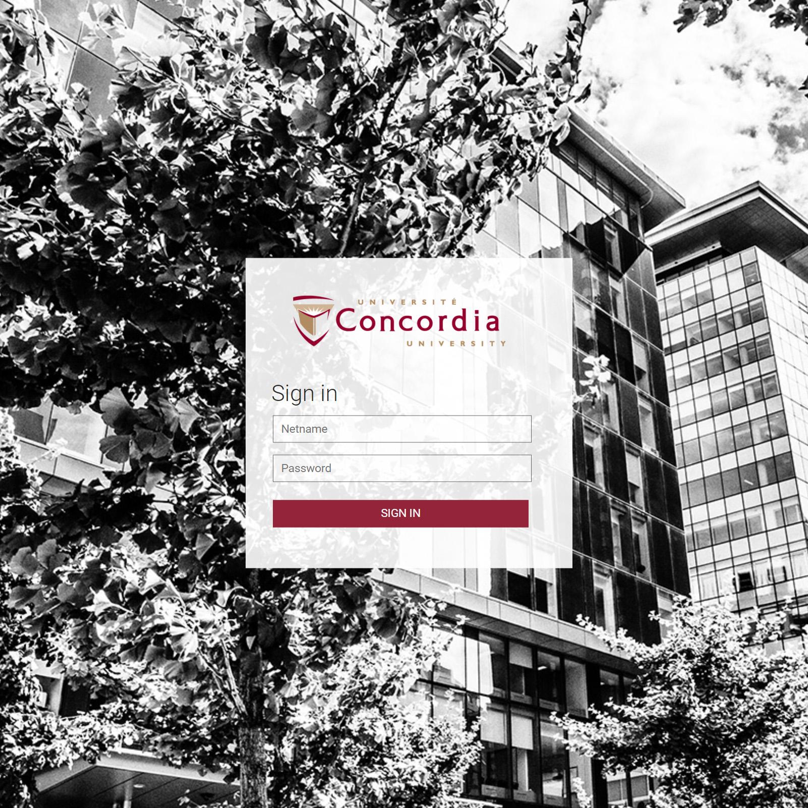 A screenshot of the Concordia University exams platform login screen