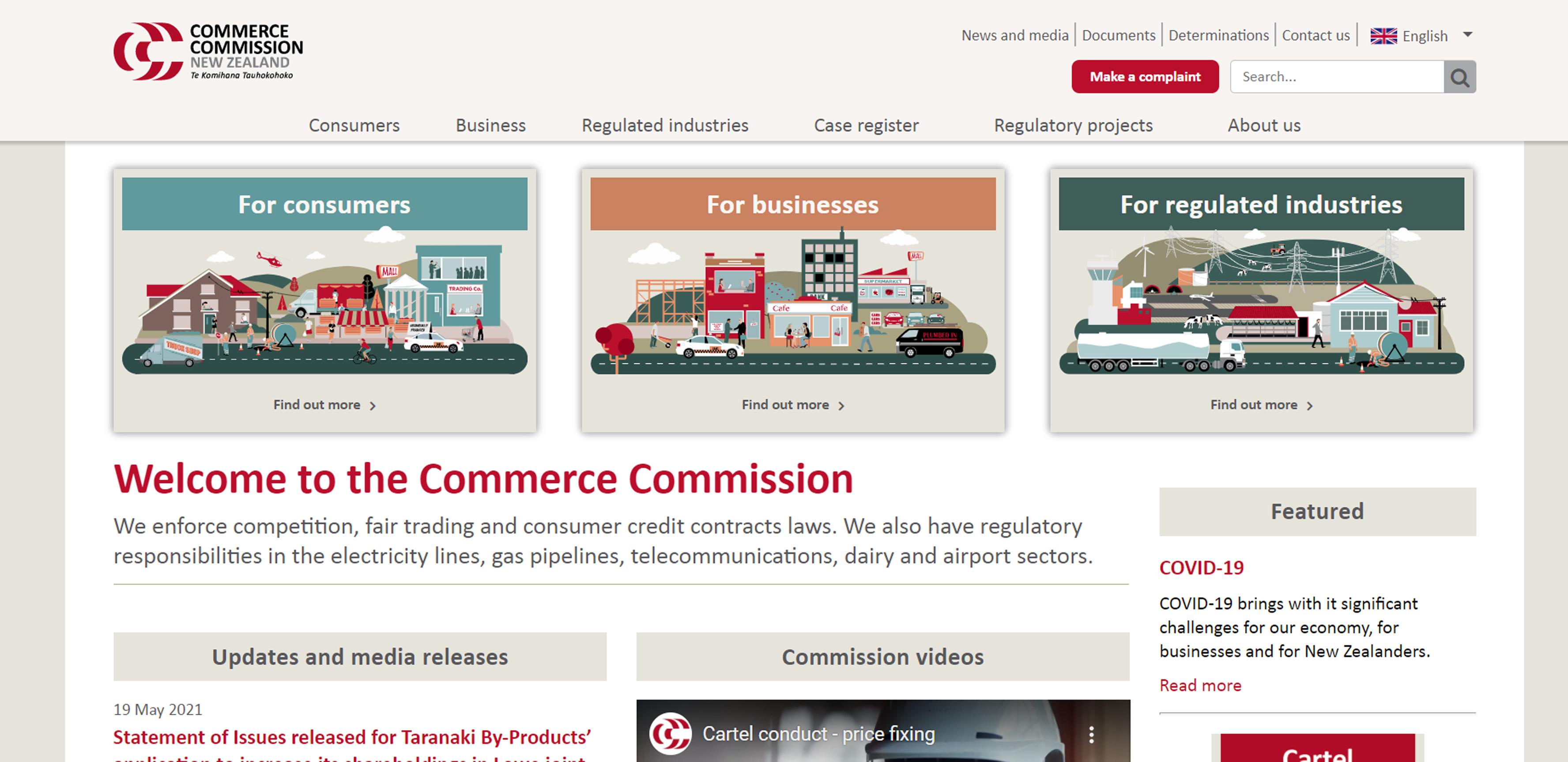 Screenshot of the Commerce Commission website
