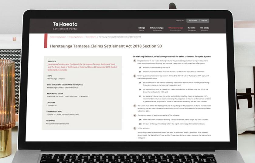Settlement detail page of Te Haeata website