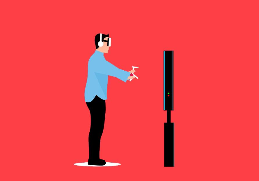 A cartoon illustration of a person wearing a blue shirt and black trousers wearing headphones and a virtual reality headset, standing side on looking at a screen.