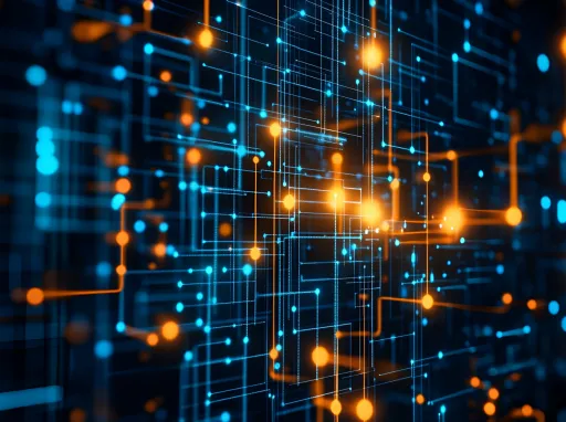 ai interconnected digital nodes blue and orange