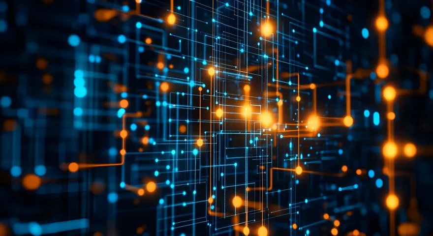 ai interconnected digital nodes blue and orange