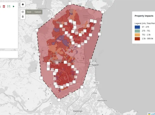 A microsite from RiskScape displaying a map of flooding by the Ngaruroro River and what buildings would be the most exposed