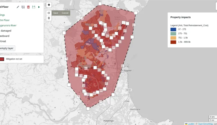 A microsite from RiskScape displaying a map of flooding by the Ngaruroro River and what buildings would be the most exposed
