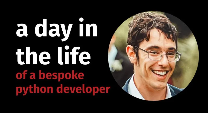 A graphic with a headshot of Connor Adamson who has short dark hair and glasses and is wearing a suit and smiling with the text a day in the life 