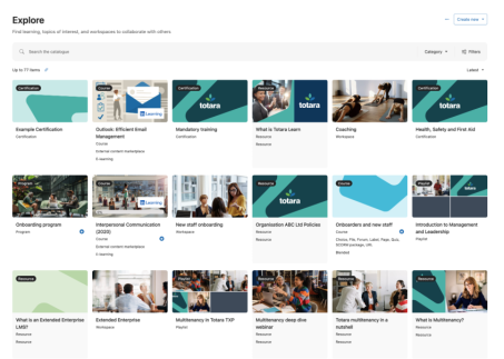 Screenshot of the explore catalogue in Tōtara display a range of courses