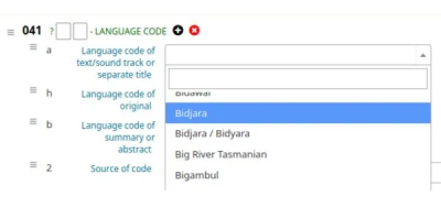 Record metadata editor within Koha  showing a custom dropdown list of Aboriginal and Torres Strait Islander languages available to assign.