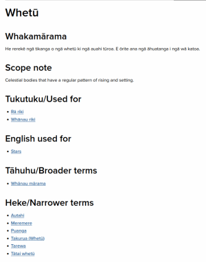 A screenshot from Ngā Upoko Tukutuku or the Māori metadata project, providing a structured path to a Māori worldview within library and archival cataloguing and description.