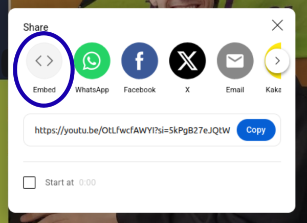 The results from clicking on the Share button on YouTube. The option to embed is circled in blue