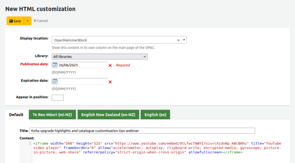 New HTML customization screen on Koha