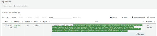 A deleted Koha HTML customisation report, with the deleted HTML code highlighted ready to be copy/pasted into a new report.