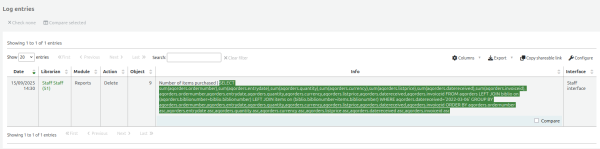  A deleted Koha SQL report, with the deleted SQL highlighted ready to be copy/pasted into a new report.