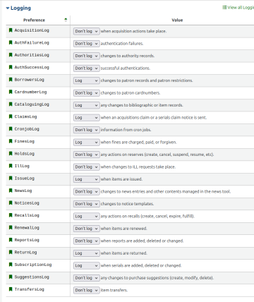 The logging system preferences in the Koha staff client, with a variety of ‘Log’ and “Don’t log” values are configured.