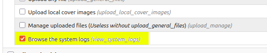Koha user permission page with the 'browser_system_logs' permission checked and highlighted yellow.