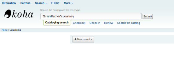 Koha search bar displaying the search 'Grandfather's journey'
