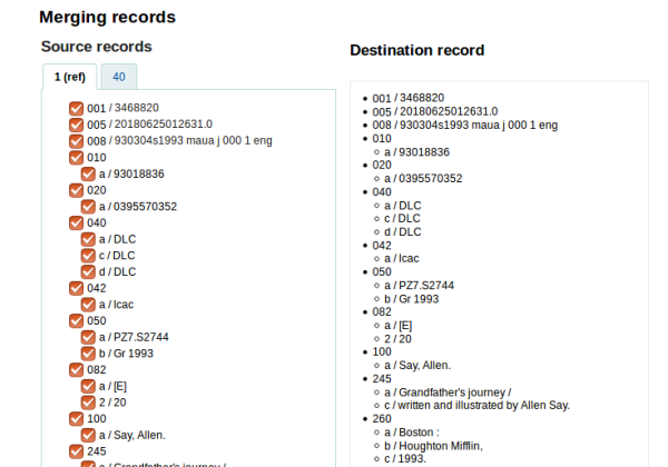 Merging records displaying source records and destination records.