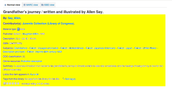 Yellow highlighted block of text which contains information about a bibliographic record including authors name, material type, publishers name, ISBN number, subject, DDC classification, online resources, summary, lists the item appears in and tags. All of this information is displayed in the biblio detail page in the Koha staff client. 