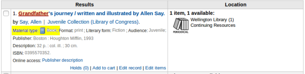  Yellow highlighted section of text saying Material type: Book with an icon of a book below the authors name of a bibliographic record in the Koha staff client search results interface