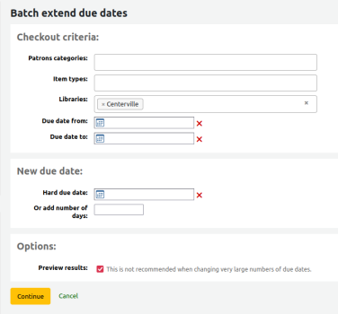 The Batch extend due dates displaying the checkout criteria, new dues date, and the options.