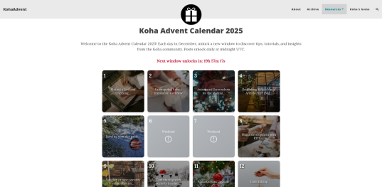  The homepage displaying the first 12 doors of the Koha Advent Calendar 2025.