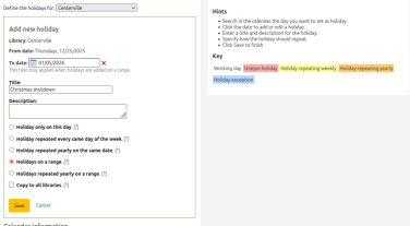 Adding a new calendar event to the Koha staff client calendar tool. The event lasts from 25 Dec 2025 until 5 January 2026 and is named 'Christmas Shutdown'
