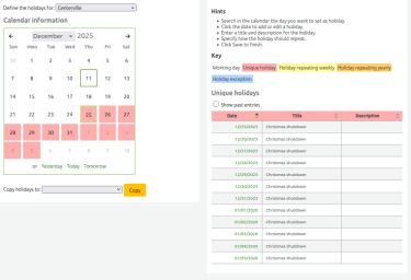 The Koha Calendar tool showing the 'Christmas shutdown' event highlighted apricot in in a visual calendar on the left of the page and in a table on the right of the screen