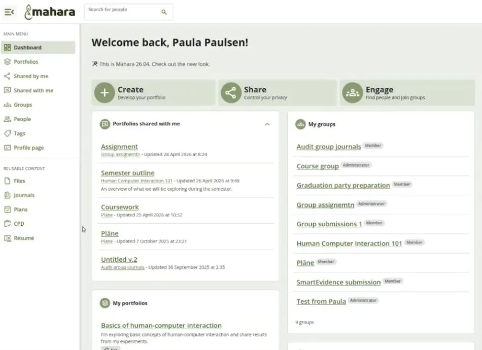 Mahara dashboard