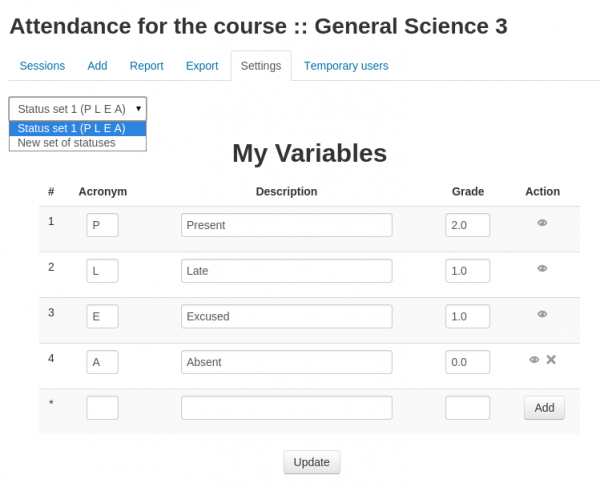 A screenshot of the settings page for attendance varibles. It shows an example of variables with acronyms, descriptions and grades.