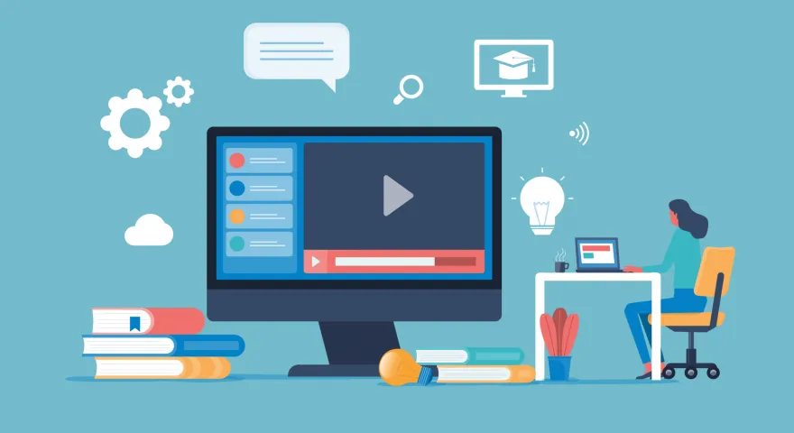 Illustration of a woman at a laptop with a large monitor screen displaying a video and icons showcasing cloud settings messages search learning and ideas1