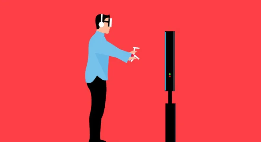 A cartoon illustration of a person wearing a blue shirt and black trousers wearing headphones and a virtual reality headset standing side on looking at a screen.