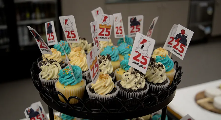 A lot of cupcakes with blue or white icing and sprinkles and flags saying Catalyst 25