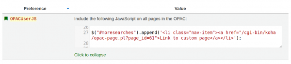 Example of linking custom page in OPACUserJS system preference.