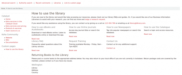 Screenshot displaying Custom page linked on the OPAC in OpacNav and in the moresearches section