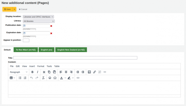 Screenshot displaying The form for adding a new page using the WYSIWYG editor